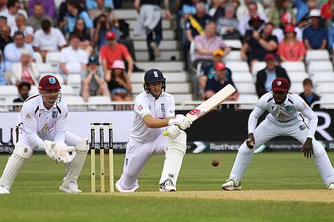 Joe Root plays a shot against West Indies